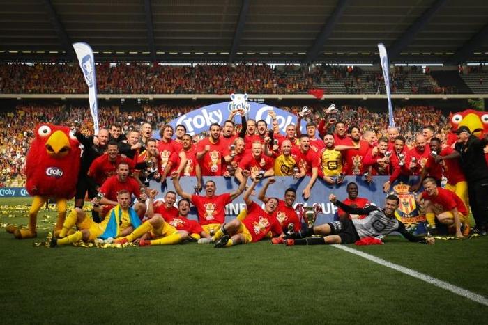 KV Mechelen's players celebrate winning the Belgian Cup after beating KAA Gent