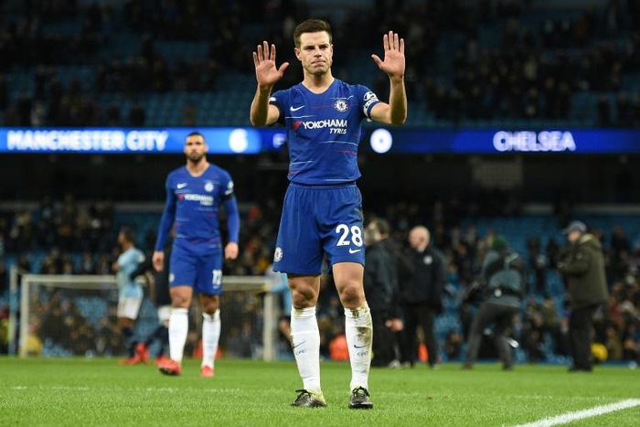 Cesar Azpilicueta acknowledges the fans after his Chelsea side were beaten 6-0 by Manchester City