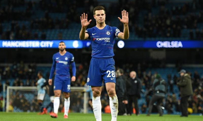 Cesar Azpilicueta acknowledges the fans after his Chelsea side were beaten 6-0 by Manchester City