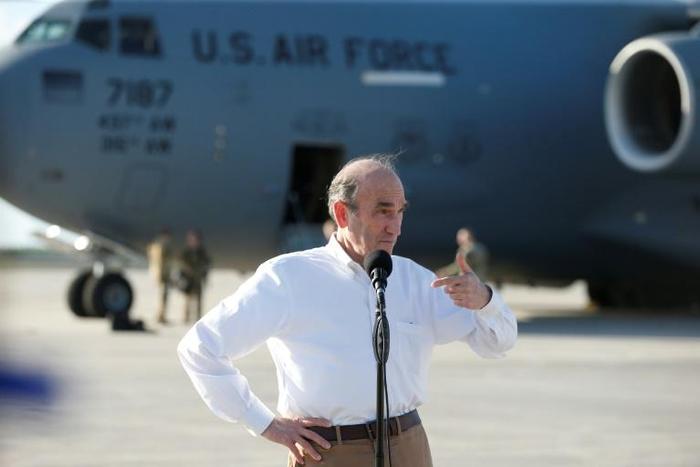 US Special Representative Elliott Abrams speaks with the media before the departure of a C-17 cargo plane loaded with food, water and medicine for a humanitarian mission to Venezuela, at Homestead Air Force Base in Florida, on February 22, 2019