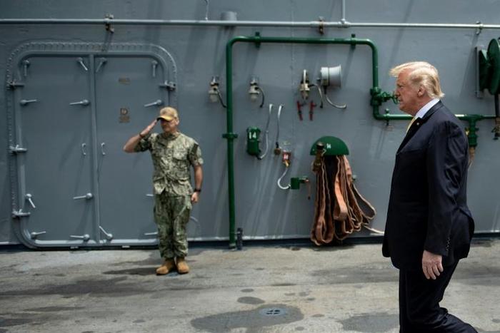 Donald Trump is seen on board the navy ship USS Wasp on May 28, 2019 at the Yokosuka US naval base in Japan