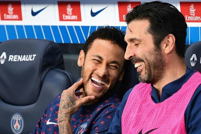 Happy to be back: Neymar was on the bench for Paris Saint-Germain alongside goalkeeper Gianluigi Buffon