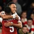 Pierre-Emerick Aubameyang celebrates with Alexandre Lacazette after scoring against Valencia in the semi-finals