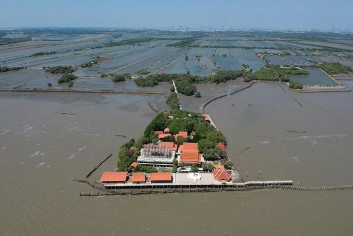 A dangerous combination of climate change, industrial farming and rapid urbanisation are endangering the Gulf of Thailand's coasts, stripping away precious mangrove trees and leaving some buildings like the temple at Samut Chin surrounded by sea water