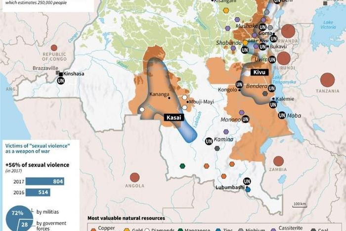 Map showing main conflict zones, refugees, food insecurity and mineral resources in the Democratic Republic of Congo.