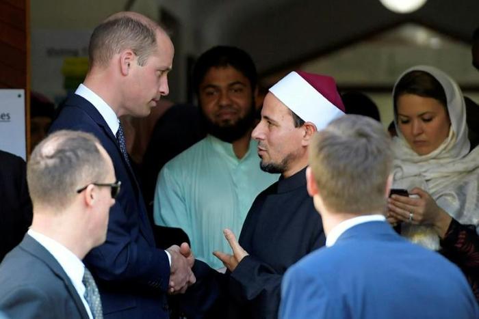 Imam Gamal Fouda of Al Noor mosque in Christchurch bids farewell to Britain's Prince William after his visit