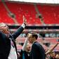 Wembley winner and grinner - Aston Villa manager Dean Smith celebrates the club's reurn to the Premier League after they beat Derby in the Championship play-off final