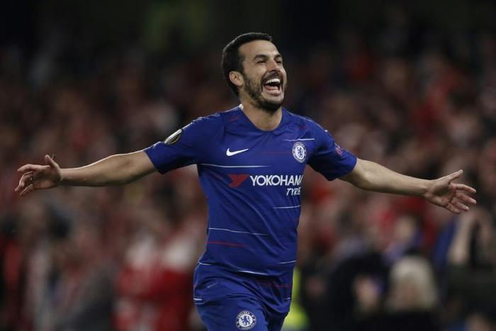 Pedro celebrates scoring Chelsea's fourth goal in their 4-3 (5-3 on aggregate) Europa League quarter-final win over Slavia Prague
