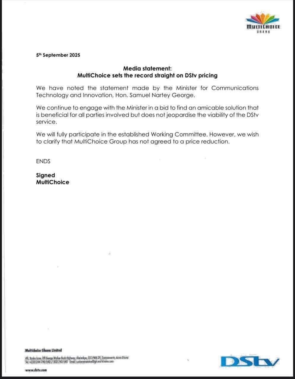 MultiChoice Denies Agreeing to Price Cut