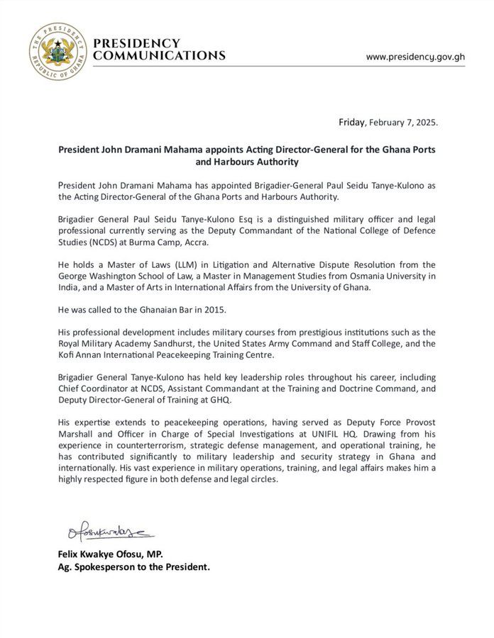 Brigadier-General Paul Tanye-Kulono named acting Director-General of GPHA