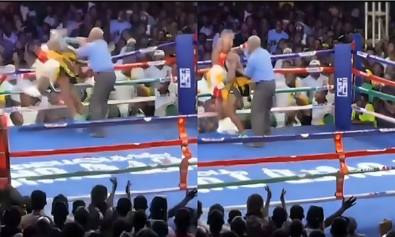 Angry Bukom boxer throws opponent outside the ring after taking heavy 'blows' (Video)