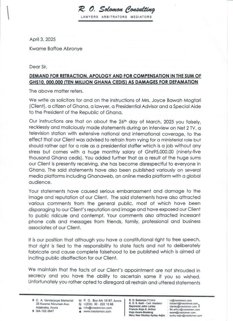 Joyce Bawa Mogtari demands GH¢10 million, apology from Abronye DC for defamation