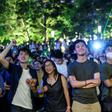 The protest coincided with a nightly laser and light show sponsored by the government