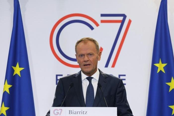 European Council President Donald Tusk addresses the media in Biarritz, France on August 24