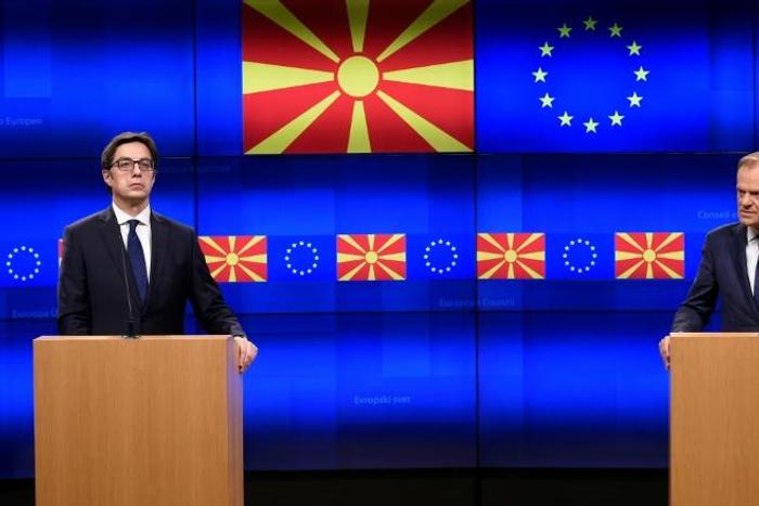 European Council President Donald Tusk (R) told a press conference with North Macedonia President Stevo Pendarovski the Balkan state and Albania had done "everything that was expected" to move their EU bids forward