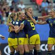 Sweden players celebrete after Stina Blackstenius scored what proved to be the winner for her team in their World Cup quarter-final against Germany