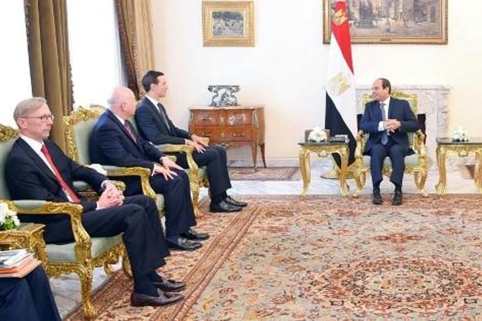 Egyptian President Abdel Fattah al-Sisi (C) met Thursday with US advisor Jared Kushner (3rd-L), shown here in an photo released by Sisi's office