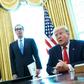 US President Donald Trump speaks before signing an executive order for sanctions on Iran's supreme leader; behind him is Treasury Secretary Steven Mnuchin