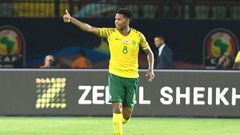 South Africa's midfielder Bongani Zungu celebrates after scoring during the 2019 Africa Cup of Nations (CAN) Group D football match between South Africa and Namibia at the Al Salam Stadium in the Egyptian capital Ciaro on June 28, 2019.