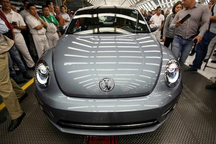 A Volkswagen "Beetle", the final edition of the iconic car, is pictured inside the factory in Puebla, Puebla State, Mexico, on July 10, 2019