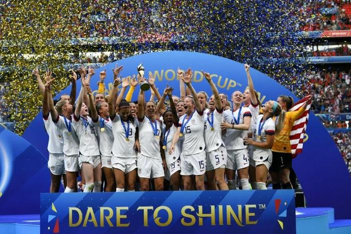 USA lift the trophy after winning the 2019 Women's World Cup final