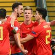 Spain midfielder Fabian Ruiz (C) celebrates after scoring against Germany