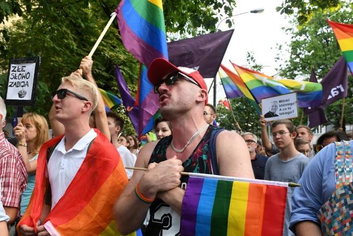 Supporters of LGBT+ rights protest in Warsaw against the city's Archbishop