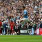 Manchester City's Gabriel Jesus celebrates after converting the winning penalty in the Community Shield