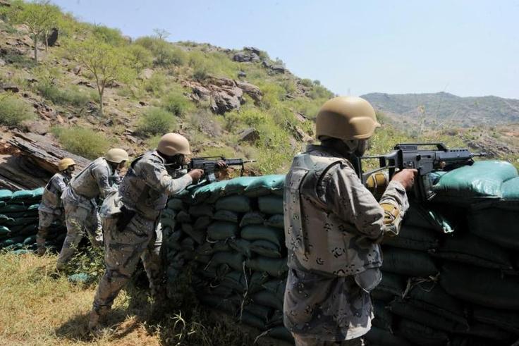 Saudi border guards keep watch along the border with Yemen in the al-Khubah area of the southwestern Saudi province of Jizan on October 3, 2017
