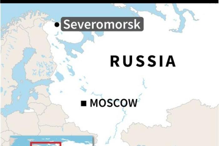 Map of Russia locating Severomorsk in the far north, where the defence ministry said 14 crew died in a fire on a deep submersible