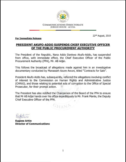 Letter suspending PPA boss