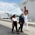 Karen Pence (L), Vice President Mike Pence (C) and Southern Command Admiral Craig Faller (R) walk past the US Naval Hospital Ship Comfort at the Port of Miami