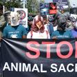 Protestors wore fake animal heads, as they chanted against a practice deeply rooted in the country's Hindu traditions