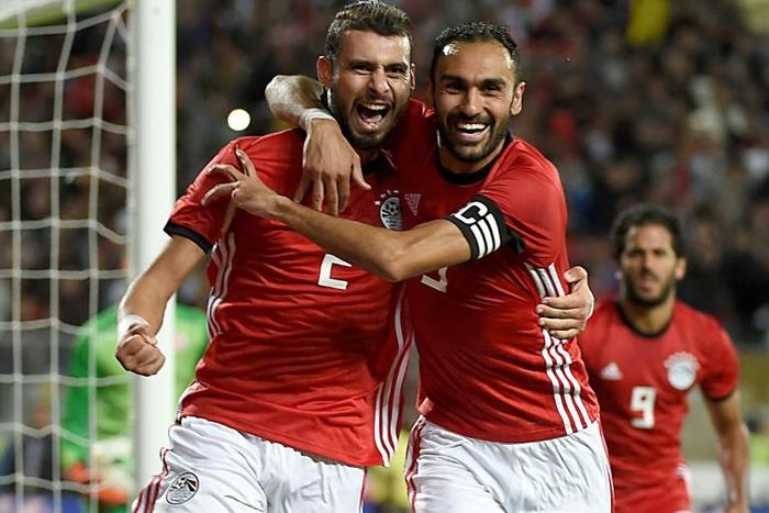 Ahmed Elmohamady (R) celebrates scoring for Egypt against Tunisia last year in a 2019 Africa Cup of Nations qualifier