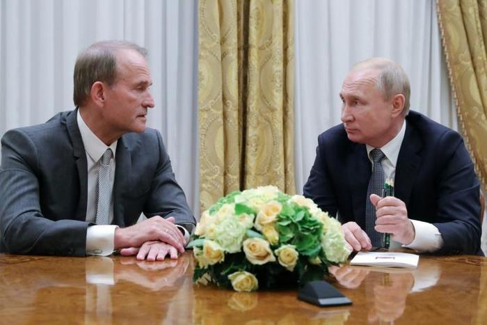 Russian President Vladimir Putin meets with Victor Medvedchuk, leader of Ukraine's Opposition Platform - For Life party which is running second in opinion polls ahead of parliament elections on Sunday