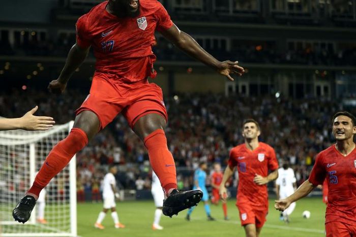 American Jozy Altidore celebrates after scoring during the second half of the CONCACAF Gold Cup match against Panama