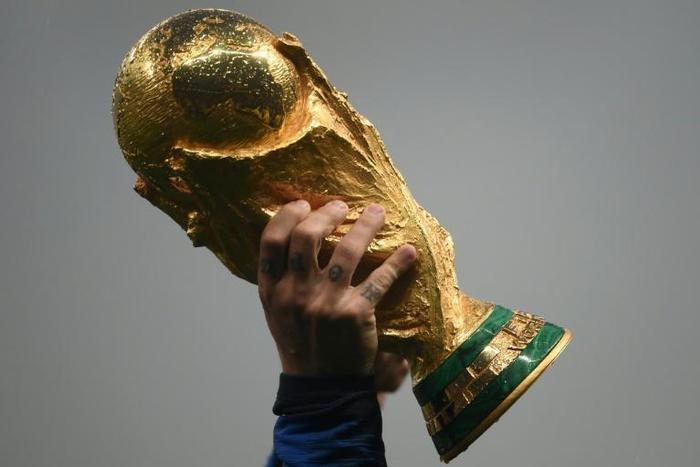 France forward Antoine Griezmann lifts the Fifa World Cup trophy after last year's final in Moscow
