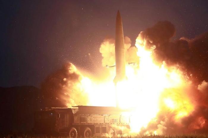 This August 6, 2019 picture released from North Korea's official Korean Central News Agency (KCNA) shows what the North called the launch of "two new-type tactical guided missiles"