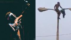 Shatta Wale fan climbs a light pole to watch him perform