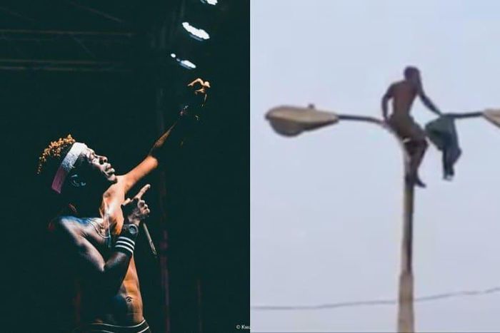 Shatta Wale fan climbs a light pole to watch him perform