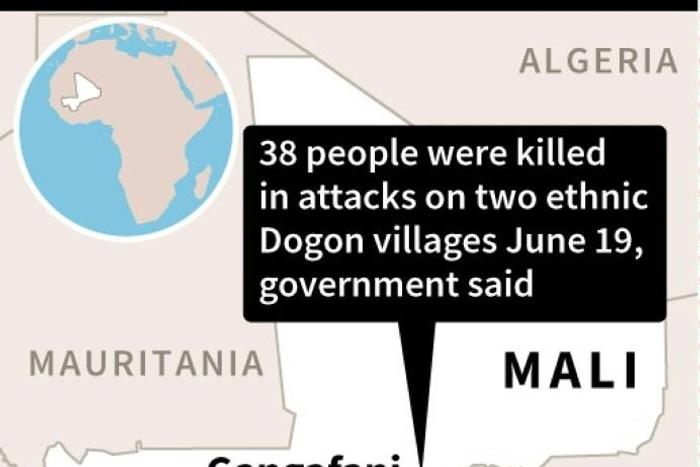 Map locating Gangafani and Yoro ethnic Dogon villages where 38 people were killed in attacks