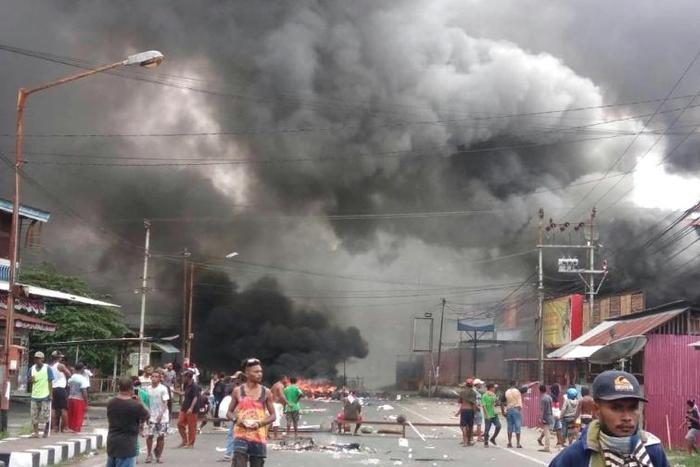 Protesters in Manokwari, Papua, have set fire to shops and vehicles, knocked down street signs, and thrown rocks at government buildings