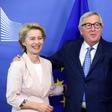 Outgoing president of the European Commission Jean-Claude Juncker (right) welcomes his successor, German Defence Minister Ursula von der Leyen in Brussels