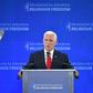 US Vice President Mike Pence addresses a ministerial meeting at the State Department on religious freedom