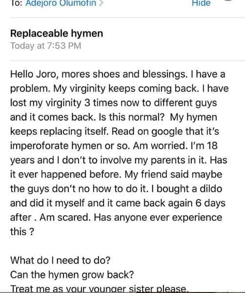 My virginity keeps coming back after breaking it 3 times already – 18-year-old girl seeks advice
