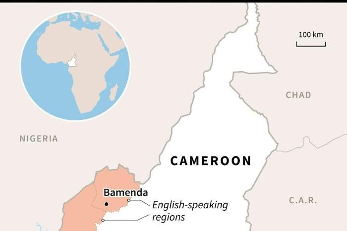 Map of Cameroon locating English-speaking regions and their capitals, Bamenda and Buea.