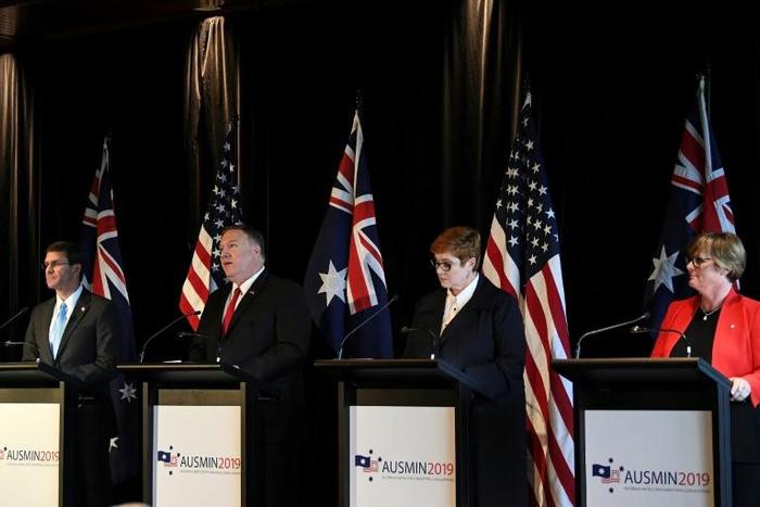 (From left) US Secretary of Defence Mark Esper, US Secretary of State Mike Pompeo, Australian Foreign Minister Marise Payne and Australia's Defence Minister Linda Reynolds at a press conference in Sydney