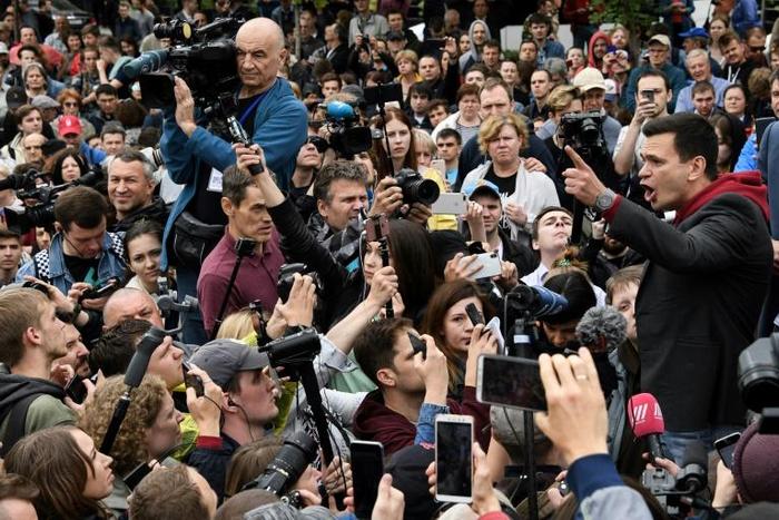 Russian opposition politician Ilya Yashin, shown here at Sunday's rally, was among several dozen people who were arrested