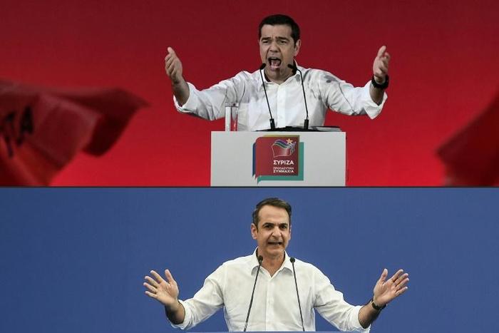 Greek Prime Minister and leader of the Syriza party, Alexis Tsipras (top) is battling for political survival in the July 7 vote against conservative challenger and New Democracy party leader Kyriakos Mitsotakis