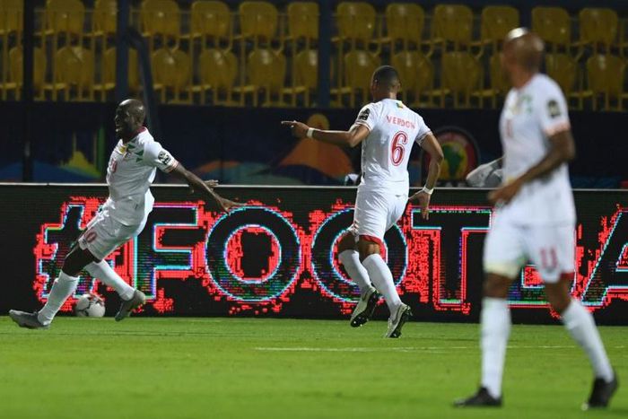 Benin's forward Mickael Pote (L) celebrates his second goal during the 2019 Africa Cup of Nations football match between Ghana and Benin